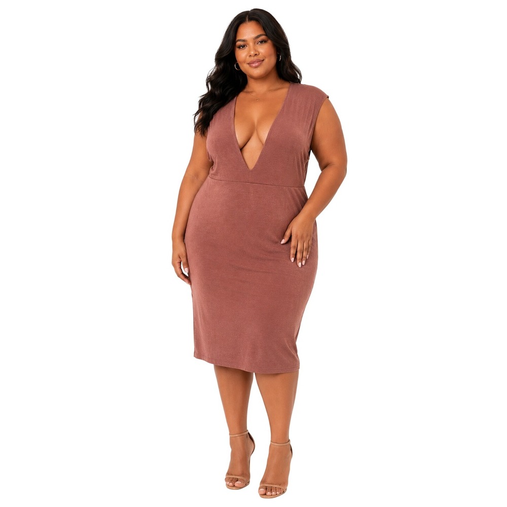 Boohoo Womens Deep Plunge Slinky Midi Dress Rust Terracotta Size 16 Sleeveless